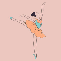 Ballerina line art pose | beautiful dancer illustration | abstract performer movement | blue and orange dress on pink background