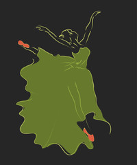 Ballerina line art pose | beautiful dancer illustration | abstract performer movement | green dress on dark grey background