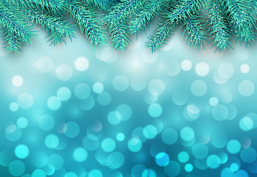 Christmas abstract background blue blinking bokeh with pine tree.