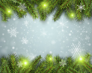 Fototapeta na wymiar Christmas background, pine tree with lights and snow