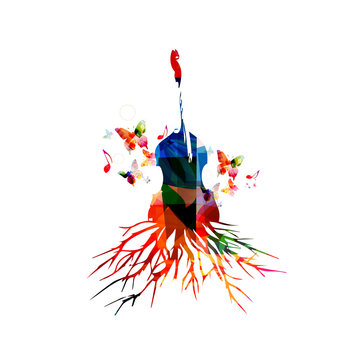 Colorful violoncello with music notes. Music background. Music instrument poster with music notes. Cello with tree root. Music notes, music equipment design. Violoncello vector isolated