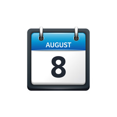 August 8. Calendar icon.Vector illustration,flat style.Month and date.Sunday,Monday,Tuesday,Wednesday,Thursday,Friday,Saturday.Week,weekend,red letter day. 2017,2018 year.Holidays.