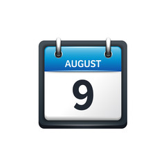 August 9. Calendar icon.Vector illustration,flat style.Month and date.Sunday,Monday,Tuesday,Wednesday,Thursday,Friday,Saturday.Week,weekend,red letter day. 2017,2018 year.Holidays.