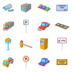Parking items icons set. Cartoon illustration of 16 parking items vector icons for web