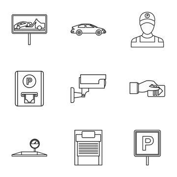 Parking station icons set. Outline illustration of 9 parking station vector icons for web