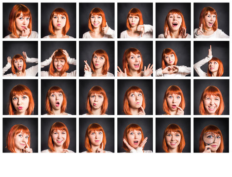 Young woman showing several expressions on black background.