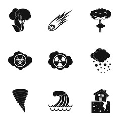 Natural catastrophe icons set. Simple illustration of 9 natural catastrophe vector icons for web