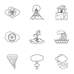 Disaster icons set. Outline illustration of 9 disaster vector icons for web