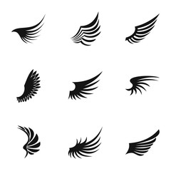 Feather wings icons set. Simple illustration of 9 feather wings vector icons for web