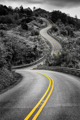Scenic monochrome view of narrow curvy road and rural landscape - obrazy, fototapety, plakaty