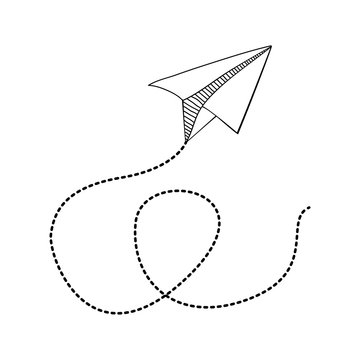 silhouette monochrome with paper plane and line dotted vector illustration