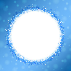 White round winter banner with snowflakes on snowy blue sky background. Vector illustration.