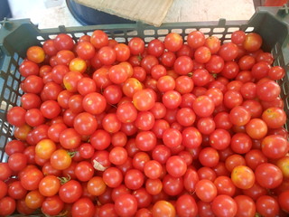 Close-up of cherry tomatoes in basket for sale