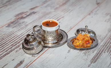 Delight and turkish coffe close-up