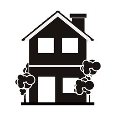 silhouette with monochrome house of two floors with trees vector illustration