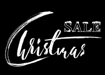 Christmas sale hand drawn lettering. Handmade calligraphy in white color isolated on black background for your design. Vector illustration