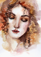 Watercolor portrait of curly young woman with closed eyes