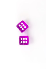 Purple colored isolated pair dice with a roll of 6