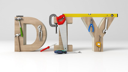 DYI concept, inscription, letters and tools on white background