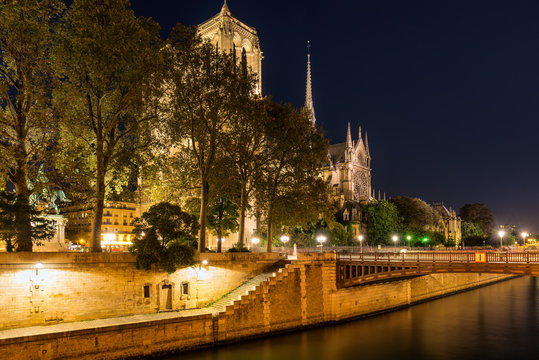 Notre Dame de Paris cathedral illuminated at twilight with the Seine River and the Pont au Double. Ile de La Cite. 4th Arrondissement, Paris, France
