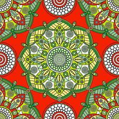 Seamless ethnic medallion pattern in Christmas palette of bright greens, red & white. Festive ornamental print with motifs of Oriental decorative arts.