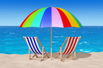 Beach Chairs on the Sand Sunny Beach. 3d Rendering