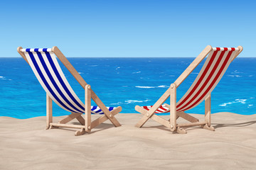 Beach Chairs on the Sand Sunny Beach. 3d Rendering