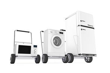 Fridge, Washing Machine and Microwave Oven over Hand Carts. 3d R