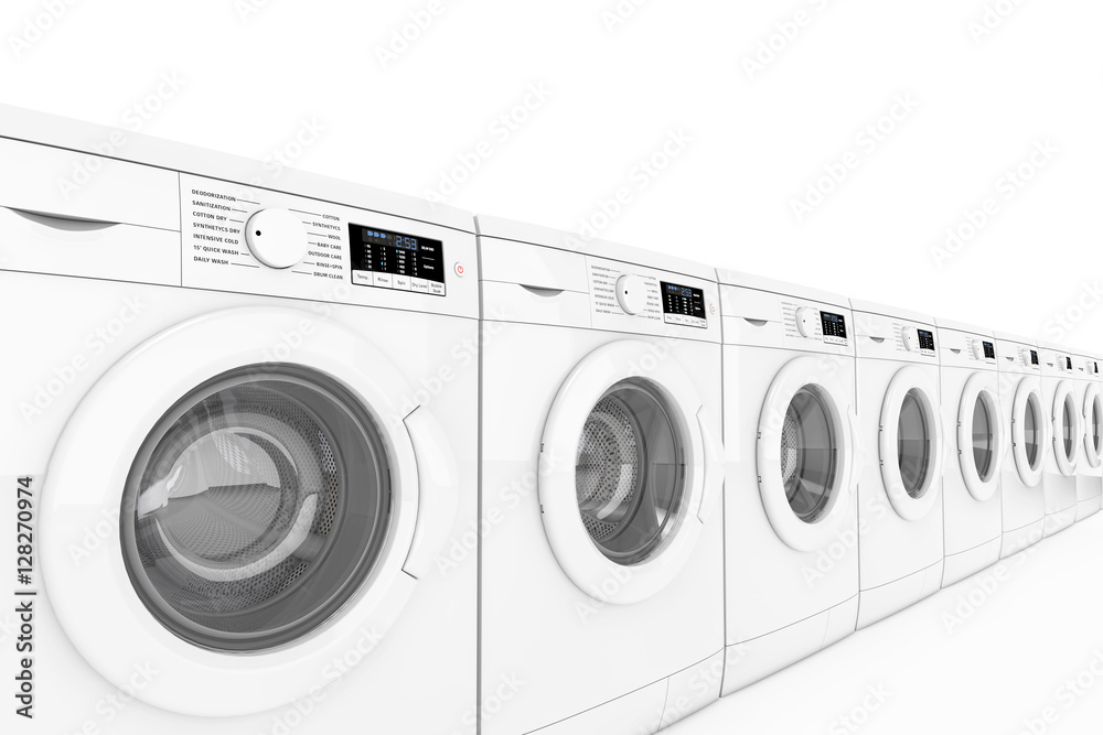 Aufkleber modern washing machines in row. 3d rendering
