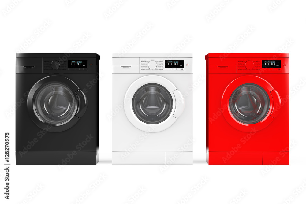 Poster multicolour modern washing machines. 3d rendering