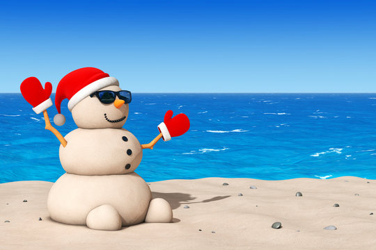 Sandy Christmas Snowman at Sunny Beach. 3d Rendering
