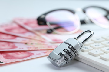 Financial security concept Password lock and banknotes on white background
