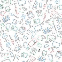 Seamless background with a simple contour icons on the topic of household appliances, a colored markers on white background
