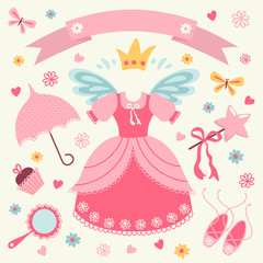 Obraz na płótnie Canvas Set of accessories for Little Princess. Template greeting card or invitation