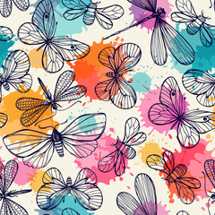 Seamless pattern with butterflies and dragonflies. Freehand drawing