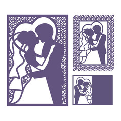 Bride and groom silhouette. Laser cut invitation. Vector postcard cutting paper. Floral motifs lace. Frame from flowers ornament.  Wedding invitation envelope mock-up for laser cutting. 