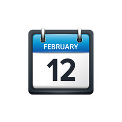 February 12. Calendar icon.Vector illustration,flat style.Month and date.Sunday,Monday,Tuesday,Wednesday,Thursday,Friday,Saturday.Week,weekend,red letter day. 2017,2018 year.Holidays.