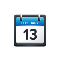 February 13. Calendar icon.Vector illustration,flat style.Month and date.Sunday,Monday,Tuesday,Wednesday,Thursday,Friday,Saturday.Week,weekend,red letter day. 2017,2018 year.Holidays.