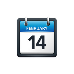 February 14. Calendar icon.Vector illustration,flat style.Month and date.Sunday,Monday,Tuesday,Wednesday,Thursday,Friday,Saturday.Week,weekend,red letter day. 2017,2018 year.Holidays.