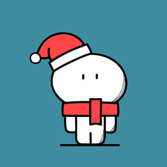 Cute funny man in red scarf and hat looks like santa claus on the blue background. Christmas and new year holidays - cartoon vector illustration.