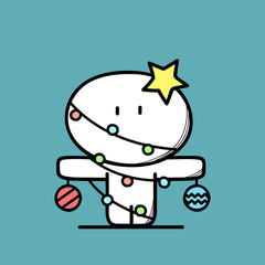 Cute funny man and Christmas decorations - bolls, lights and the star on the blue background. Xmas and new year holidays - cartoon vector illustration.