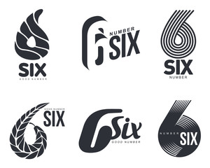 Set of black and white number six logo templates, vector illustrations isolated on white background. Black and white graphic number six logo templates - technical, organic, abstract