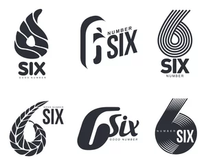 Fotobehang Set of black and white number six logo templates, vector illustrations isolated on white background. Black and white graphic number six logo templates - technical, organic, abstract © sabelskaya