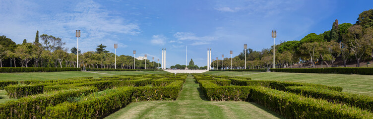Obraz premium The Eduardo VII Park scenic overlook or vista point in Lisbon, Portugal. The largest park in the city center and a landmark.