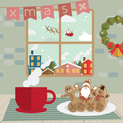 Christmas coffee break and cookies in room window vector