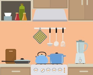 Fragment of an interior of kitchen in orange color. There is a blue kettle and pan on the stove, also blender, a frying pan and other objects in the picture. Vector flat illustration