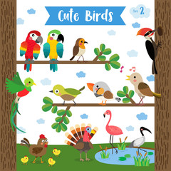 Cute Birds Animal cartoon on the trees and pond background. Chicken. Chick. Flamingo. Parrot. Turkey. Nightingale. Woodpecker. Zebra Finch. Uguisu. Quetzal. Ibis. Robin. Vector illustration. Set 2.