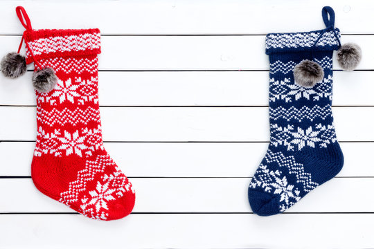Couple colorful patterned Christmas stockings