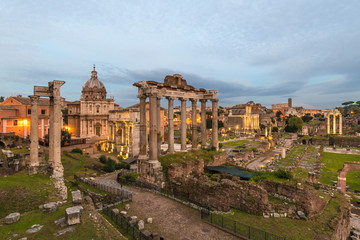 Fototapeta na wymiar Rome (Italy) - The archeological ruins in historic center of Rome, named Imperial Fora. Cityscape from Campidoglio and Via dei Fori Imperiali.