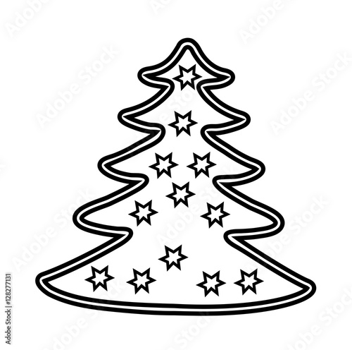 "Vector illustration of christmas tree with stars black and white